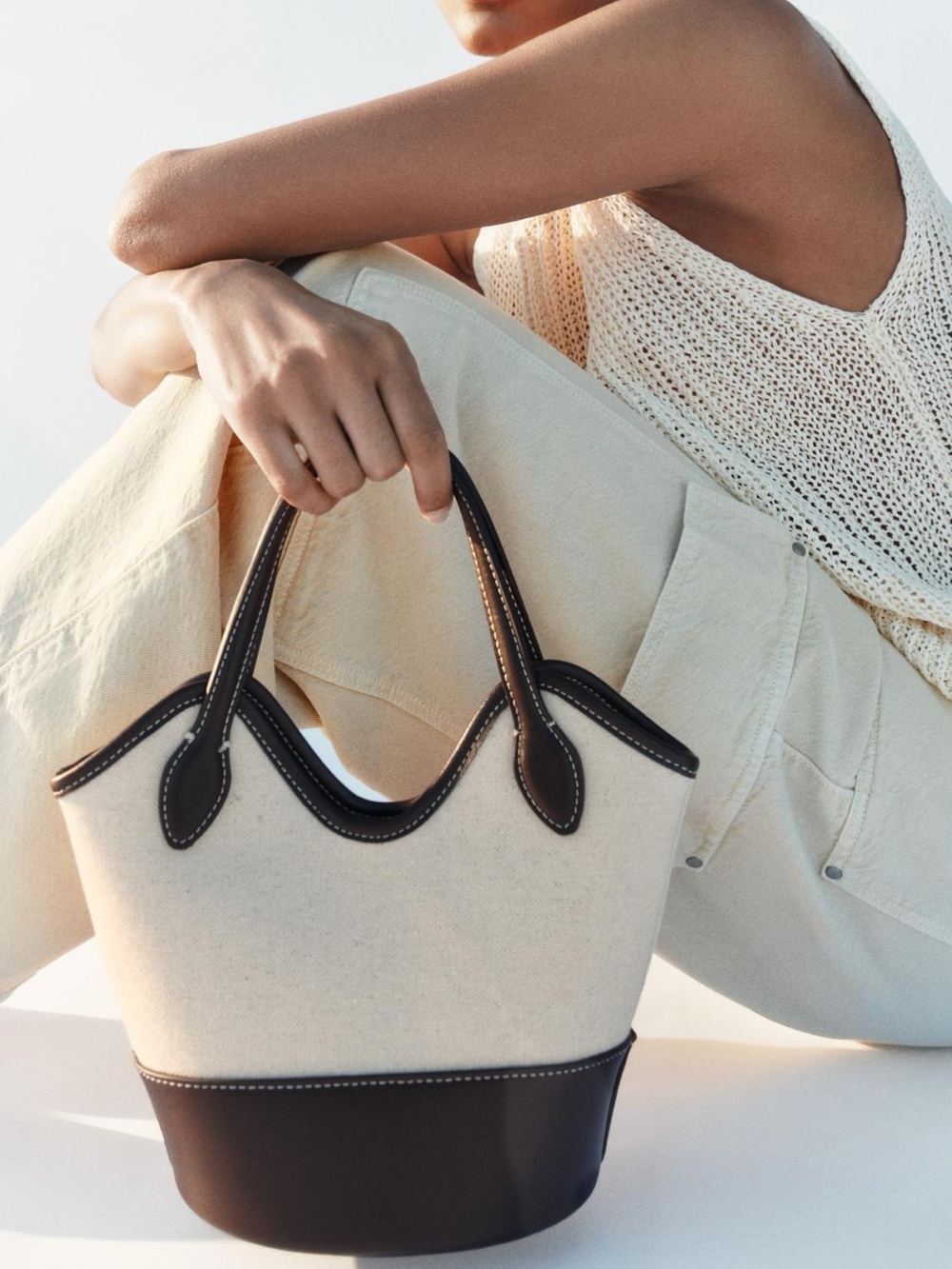Zara Cream and Brown Two-Tone Bucket Tote
